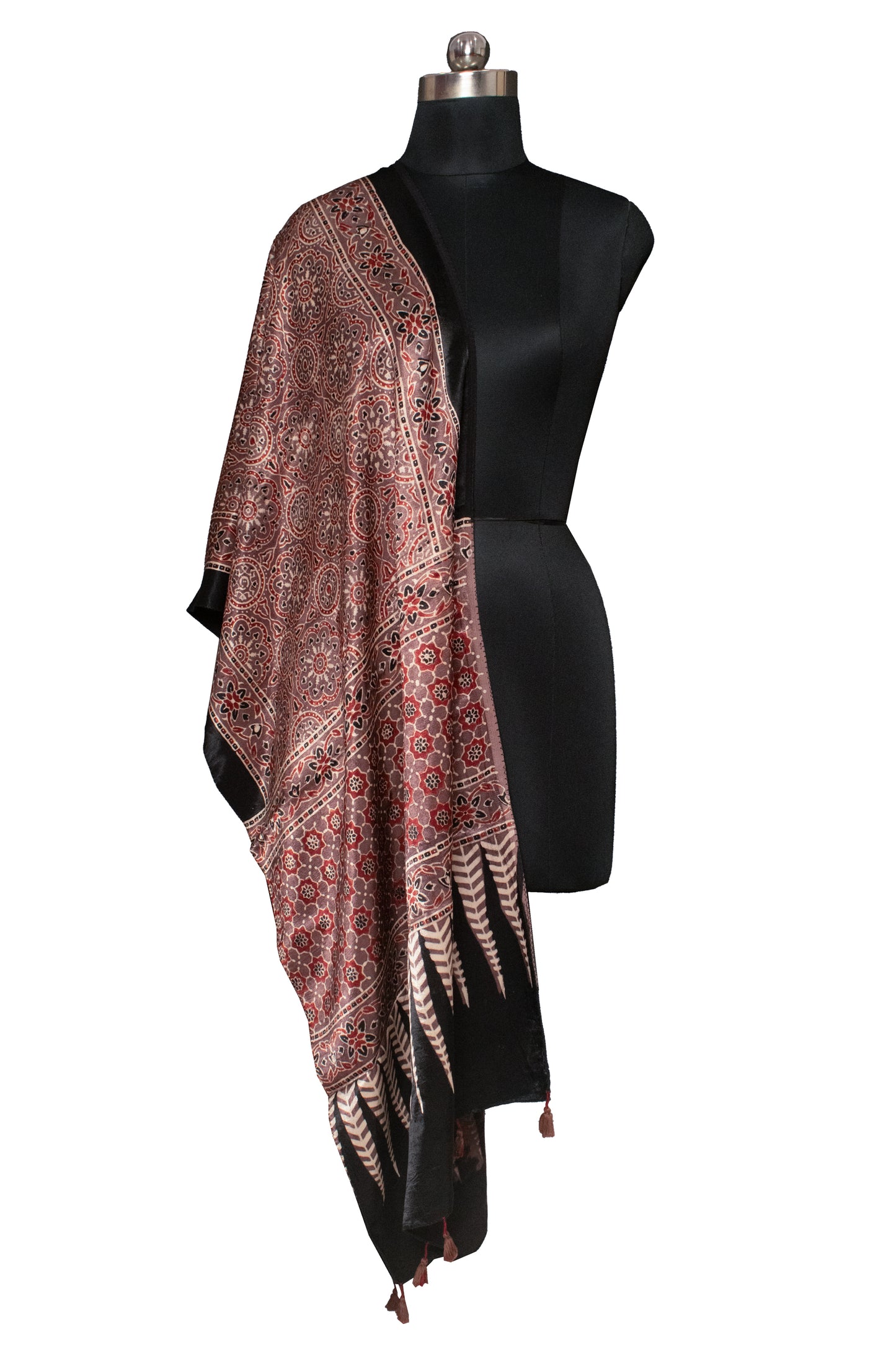 Ajrakh Mashru Silk Natural Dye Hand Block Print Stole With Tassels - 2 Mtr Length    -  SKU : MS20602B