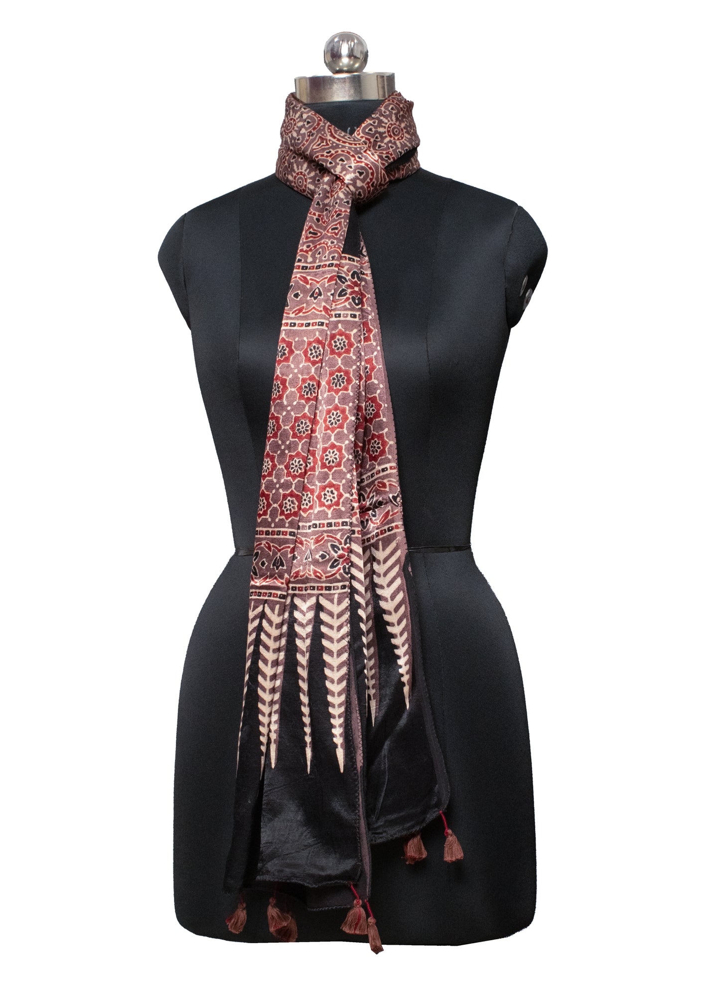 Ajrakh Mashru Silk Natural Dye Hand Block Print Stole With Tassels - 2 Mtr Length    -  SKU : MS20602B
