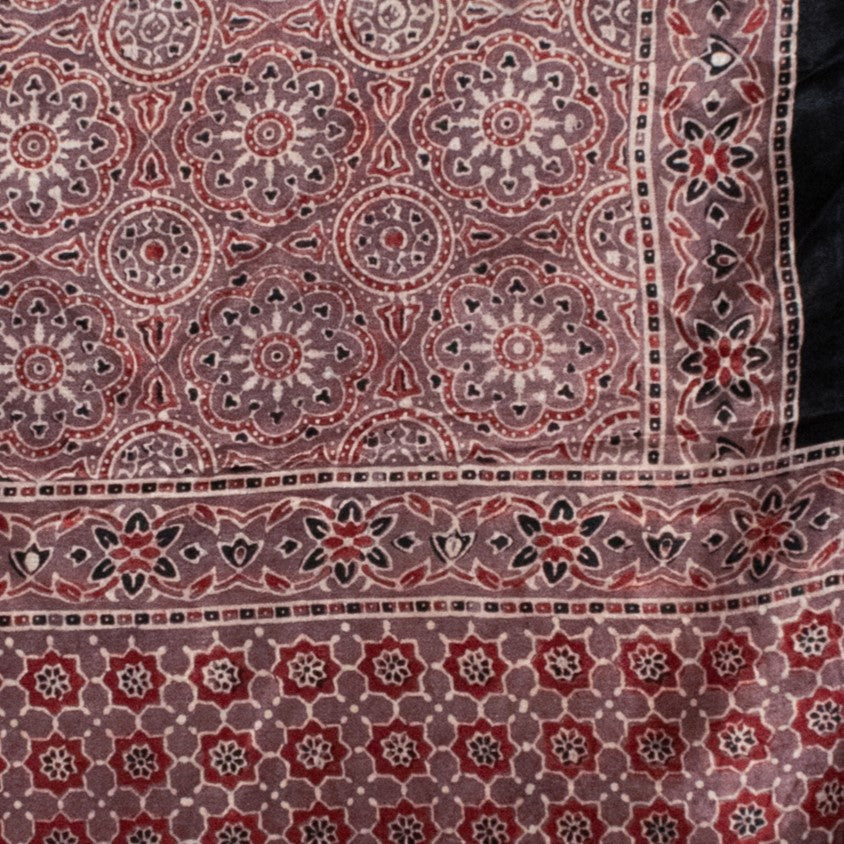 Ajrakh Mashru Silk Natural Dye Hand Block Print Stole With Tassels - 2 Mtr Length    -  SKU : MS20602B