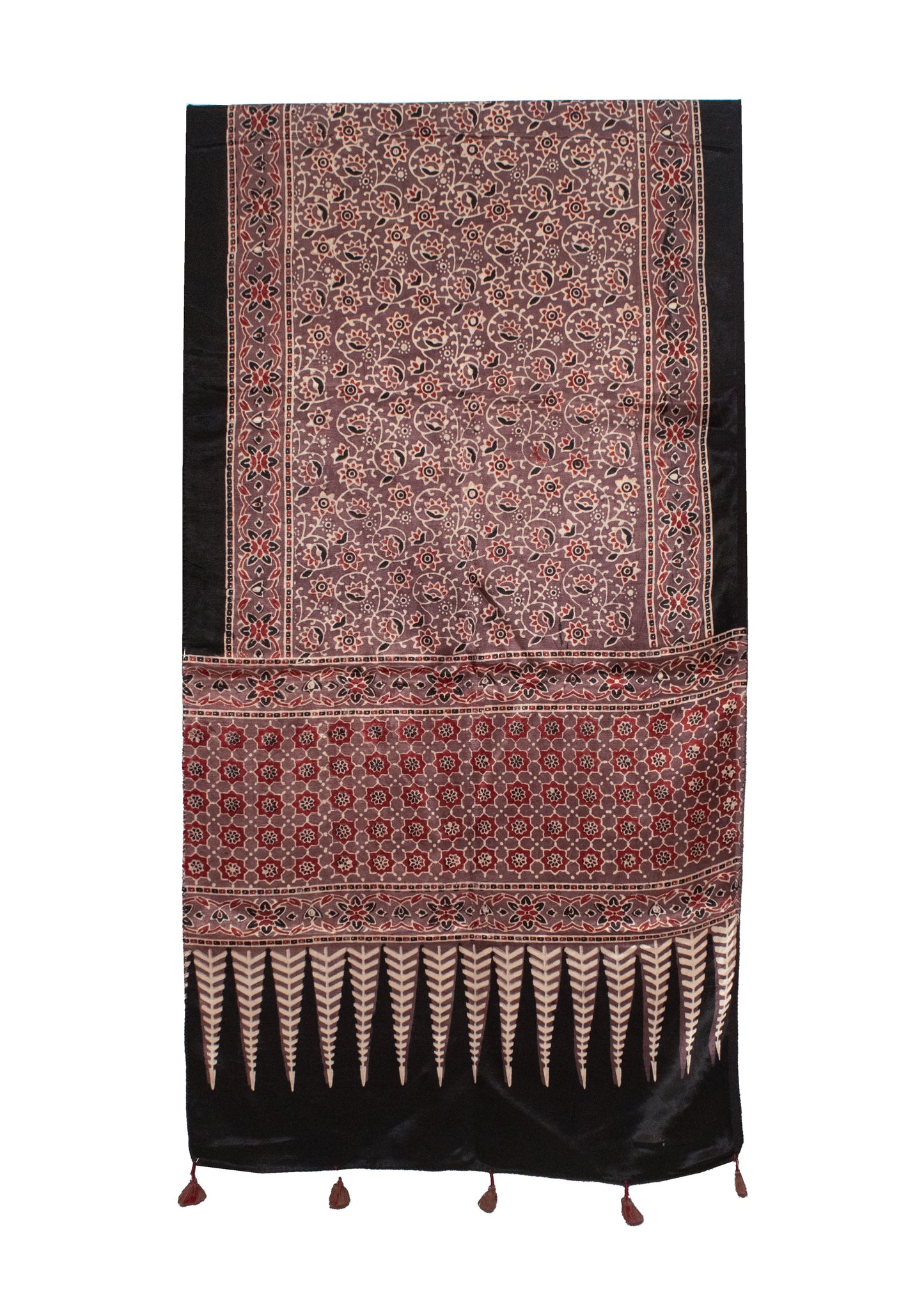 Ajrakh Mashru Silk Natural Dye Hand Block Print Stole With Tassels - 2 Mtr Length    -  SKU : MS20602N