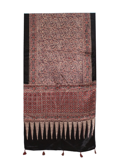 Ajrakh Mashru Silk Natural Dye Hand Block Print Stole With Tassels - 2 Mtr Length    -  SKU : MS20602N