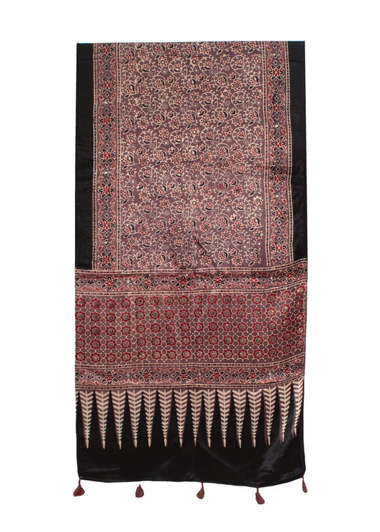 Ajrakh Mashru Silk Natural Dye Hand Block Print Stole With Tassels - 2 Mtr Length    -  SKU : MS20602N