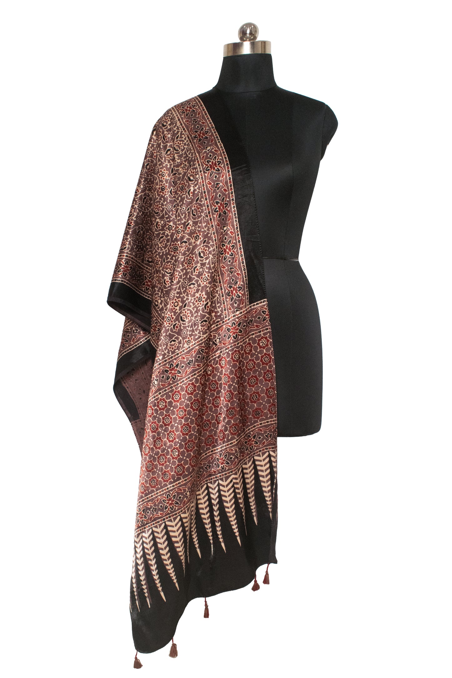 Ajrakh Mashru Silk Natural Dye Hand Block Print Stole With Tassels - 2 Mtr Length    -  SKU : MS20602N