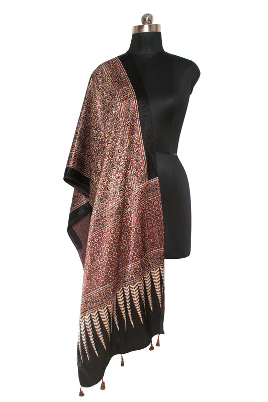 Ajrakh Mashru Silk Natural Dye Hand Block Print Stole With Tassels - 2 Mtr Length    -  SKU : MS20602N