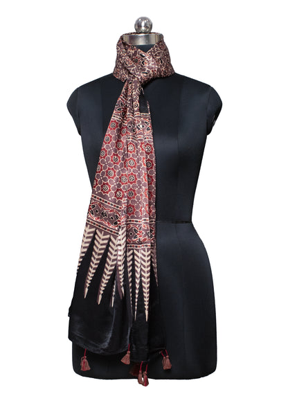 Ajrakh Mashru Silk Natural Dye Hand Block Print Stole With Tassels - 2 Mtr Length    -  SKU : MS20602N