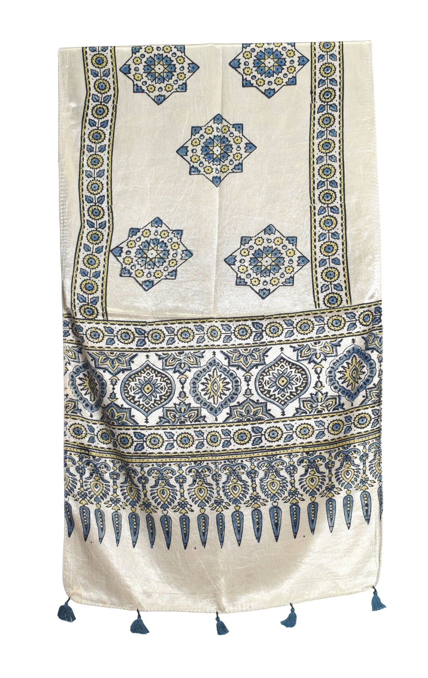 Ajrakh Mashru Silk Natural Dye Hand Block Print Stole With Tassels - 2 Mtr Length   -  SKU : AI07701C