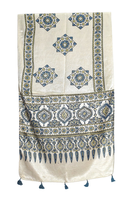 Ajrakh Mashru Silk Natural Dye Hand Block Print Stole With Tassels - 2 Mtr Length   -  SKU : AI07701C