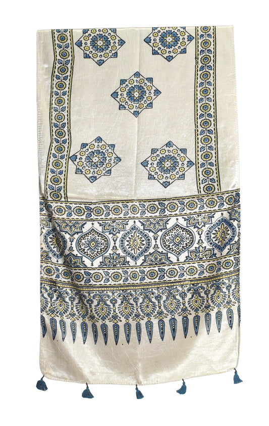 Ajrakh Mashru Silk Natural Dye Hand Block Print Stole With Tassels - 2 Mtr Length   -  SKU : AI07701C