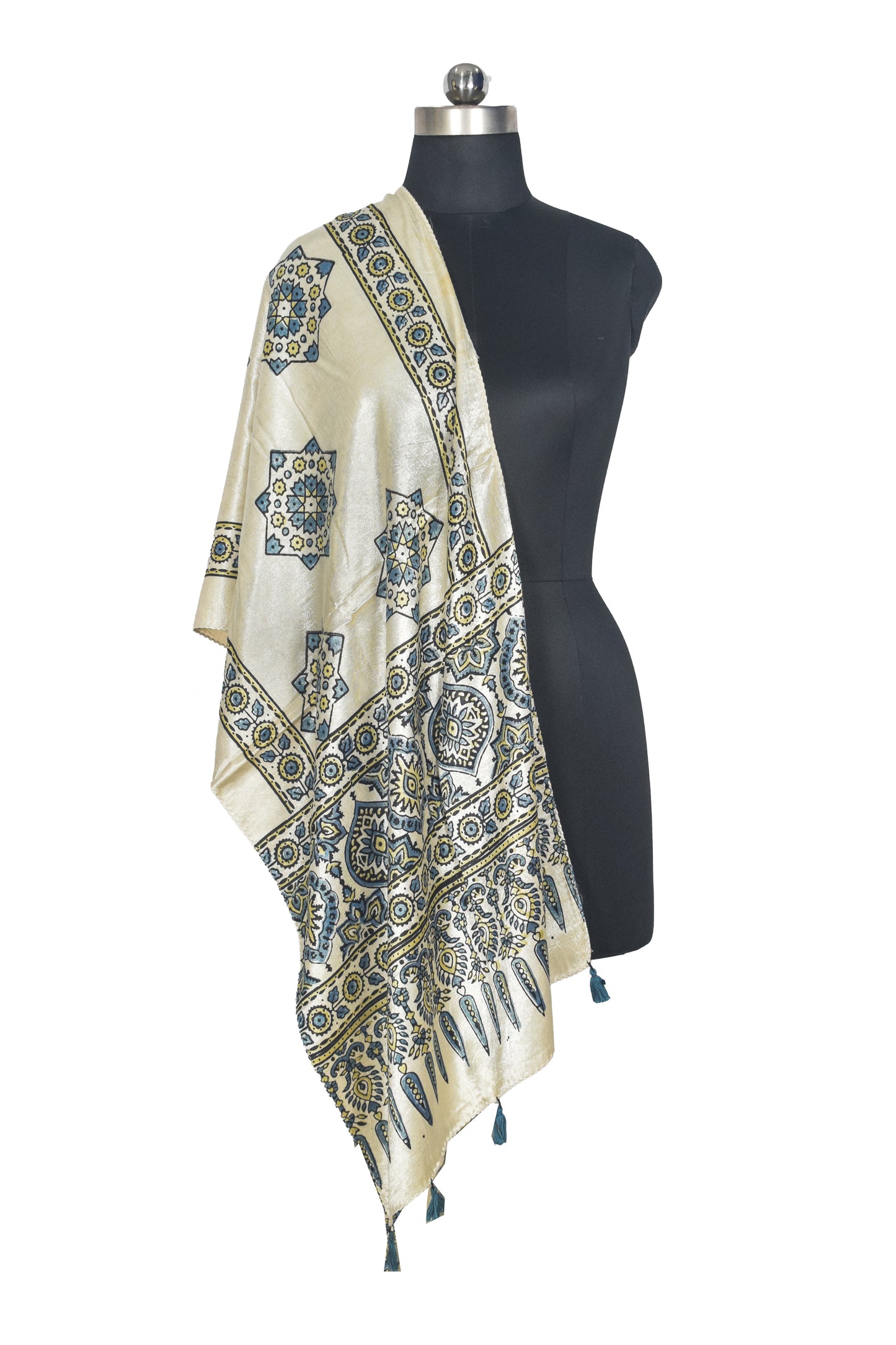 Ajrakh Mashru Silk Natural Dye Hand Block Print Stole With Tassels - 2 Mtr Length   -  SKU : AI07701C