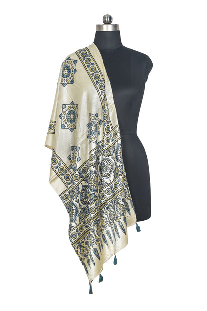 Ajrakh Mashru Silk Natural Dye Hand Block Print Stole With Tassels - 2 Mtr Length   -  SKU : AI07701C