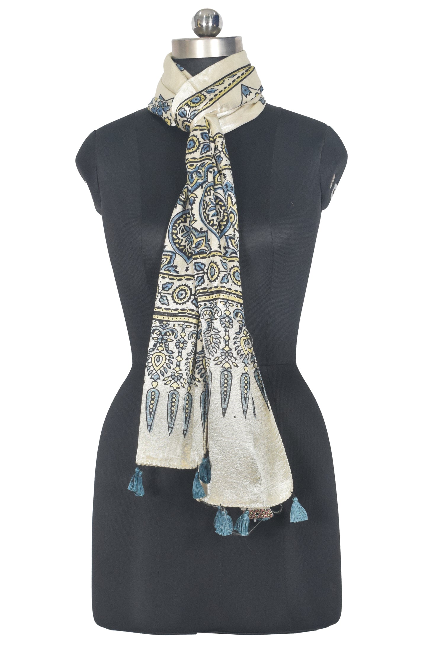 Ajrakh Mashru Silk Natural Dye Hand Block Print Stole With Tassels - 2 Mtr Length   -  SKU : AI07701C