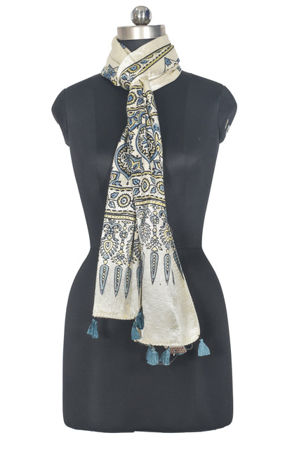 Ajrakh Mashru Silk Natural Dye Hand Block Print Stole With Tassels - 2 Mtr Length   -  SKU : AI07701C