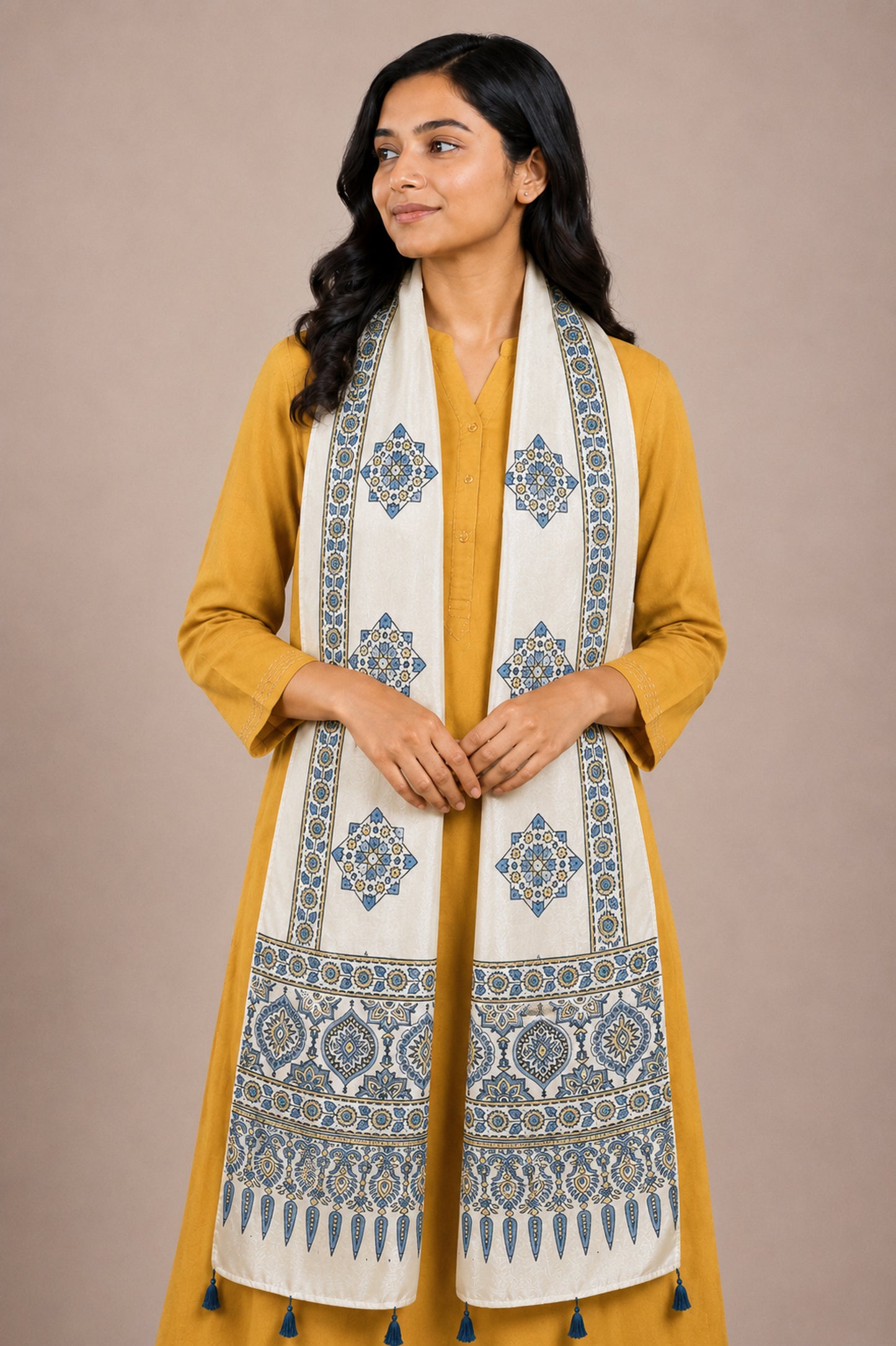 Ajrakh Mashru Silk Natural Dye Hand Block Print Stole With Tassels - 2 Mtr Length   -  SKU : AI07701C
