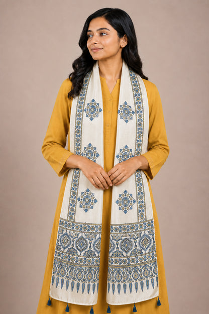 Ajrakh Mashru Silk Natural Dye Hand Block Print Stole With Tassels - 2 Mtr Length   -  SKU : AI07701C