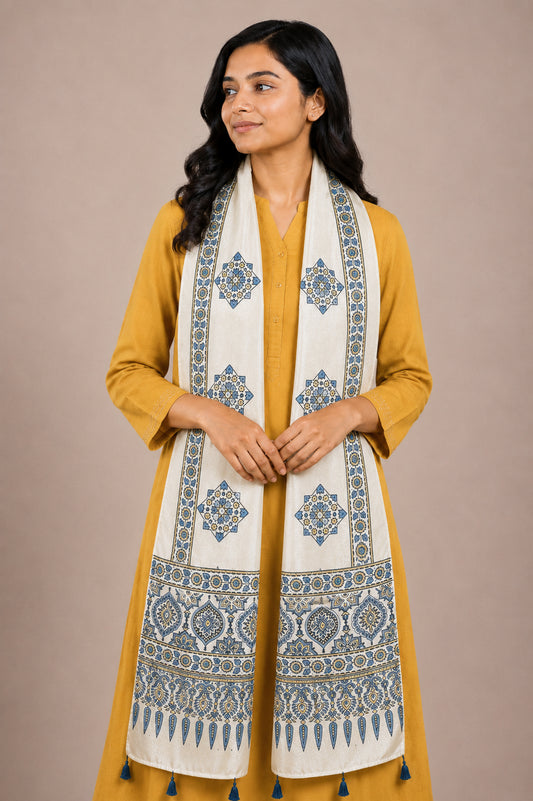 Ajrakh Mashru Silk Natural Dye Hand Block Print Stole With Tassels - 2 Mtr Length   -  SKU : AI07701C