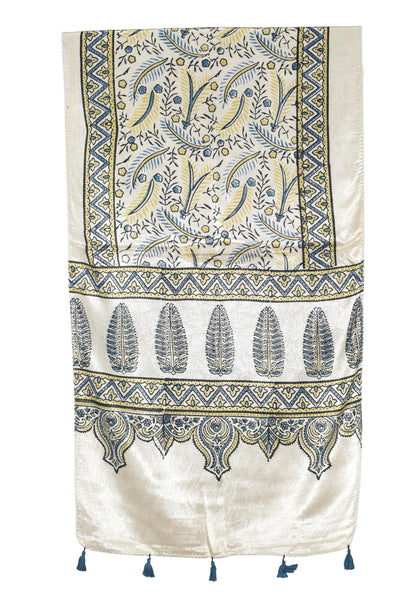 Ajrakh Mashru Silk Natural Dye Hand Block Print Stole With Tassels - 2 Mtr Length   -  SKU : AI07701I