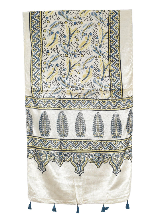 Ajrakh Mashru Silk Natural Dye Hand Block Print Stole With Tassels - 2 Mtr Length   -  SKU : AI07701I
