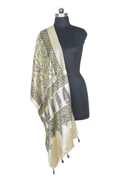 Ajrakh Mashru Silk Natural Dye Hand Block Print Stole With Tassels - 2 Mtr Length   -  SKU : AI07701I