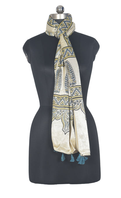 Ajrakh Mashru Silk Natural Dye Hand Block Print Stole With Tassels - 2 Mtr Length   -  SKU : AI07701I
