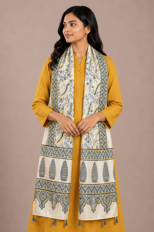 Ajrakh Mashru Silk Natural Dye Hand Block Print Stole With Tassels - 2 Mtr Length   -  SKU : AI07701I