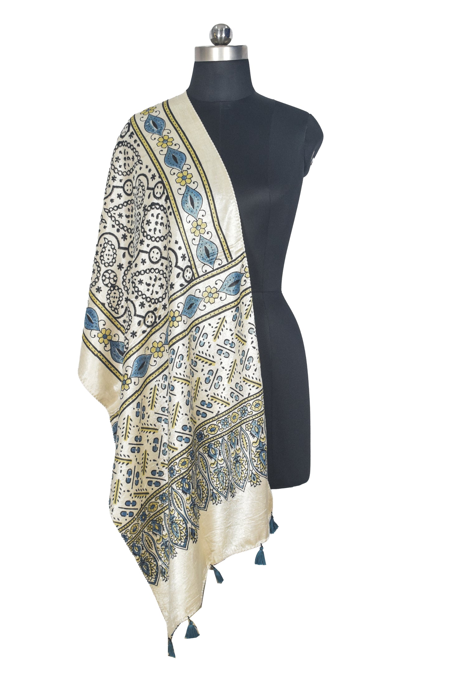 Ajrakh Mashru Silk Natural Dye Hand Block Print Stole With Tassels - 2 Mtr Length   -  SKU : AI07701O