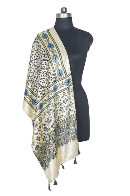 Ajrakh Mashru Silk Natural Dye Hand Block Print Stole With Tassels - 2 Mtr Length   -  SKU : AI07701O