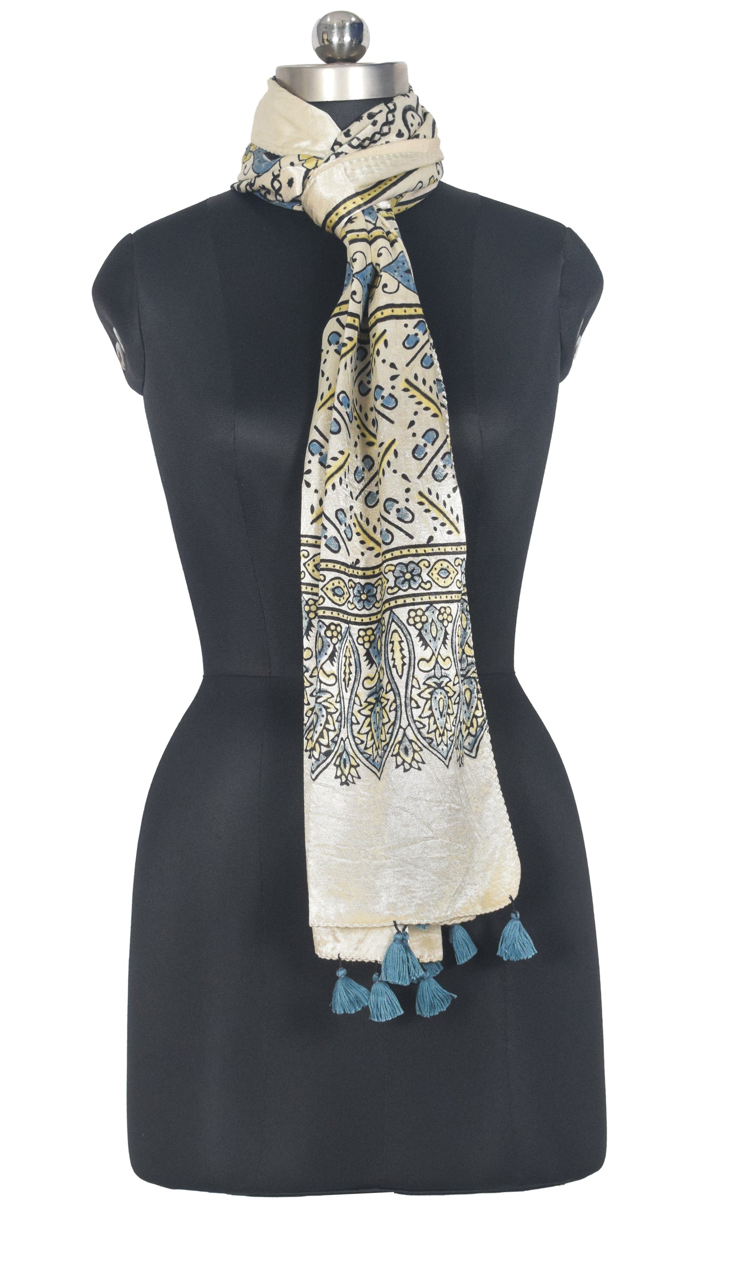 Ajrakh Mashru Silk Natural Dye Hand Block Print Stole With Tassels - 2 Mtr Length   -  SKU : AI07701O