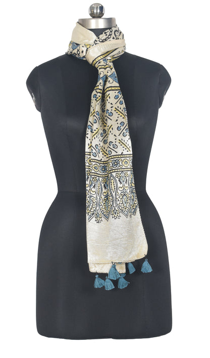 Ajrakh Mashru Silk Natural Dye Hand Block Print Stole With Tassels - 2 Mtr Length   -  SKU : AI07701O