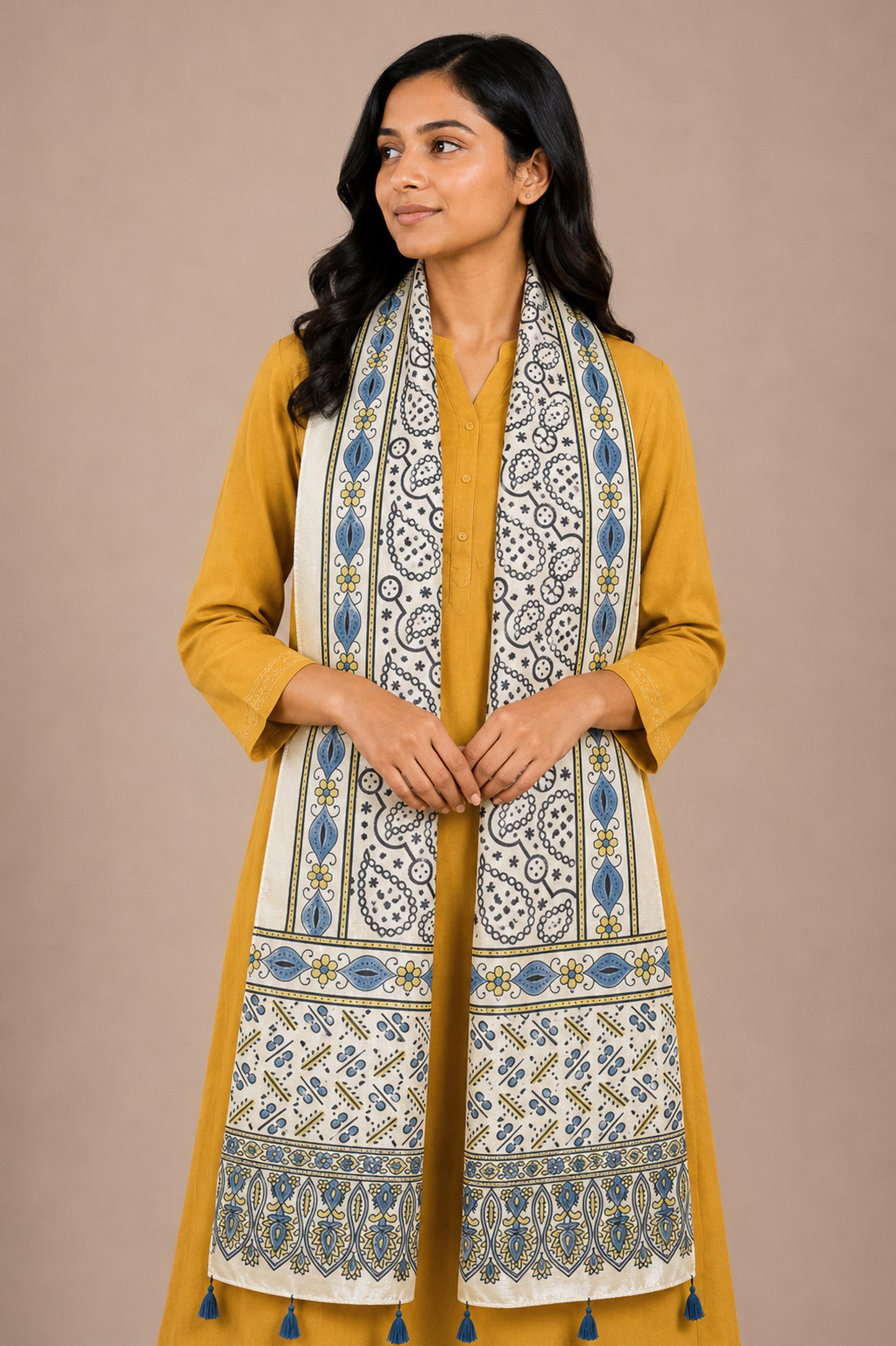 Ajrakh Mashru Silk Natural Dye Hand Block Print Stole With Tassels - 2 Mtr Length   -  SKU : AI07701O
