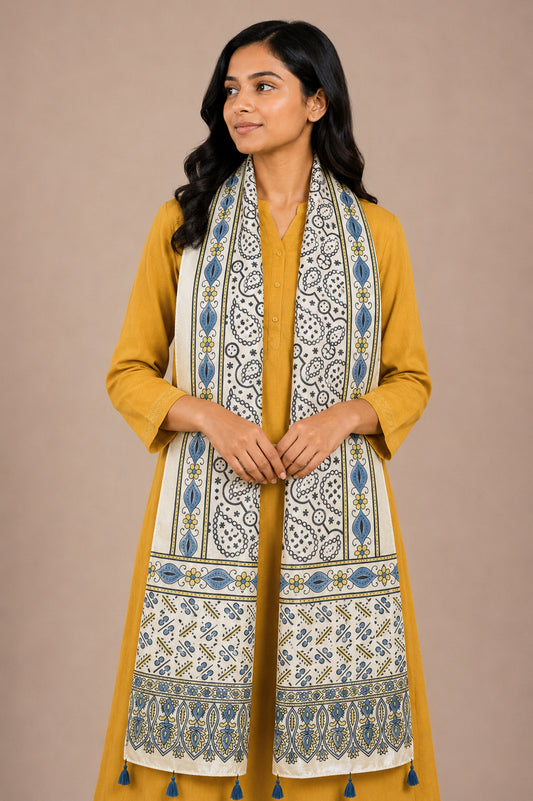 Ajrakh Mashru Silk Natural Dye Hand Block Print Stole With Tassels - 2 Mtr Length   -  SKU : AI07701O
