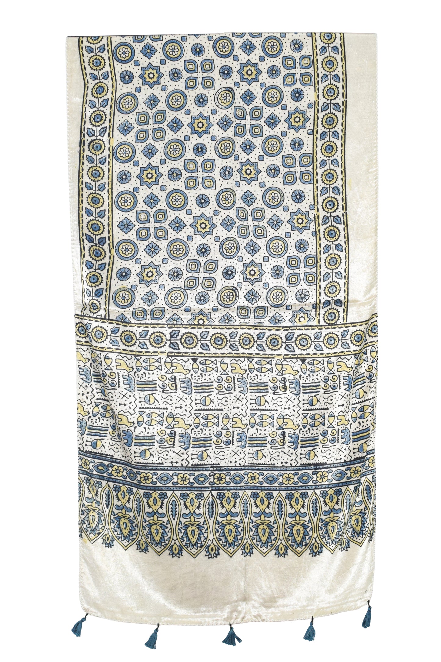 Ajrakh Mashru Silk Natural Dye Hand Block Print Stole With Tassels - 2 Mtr Length   -  SKU : AI07701U