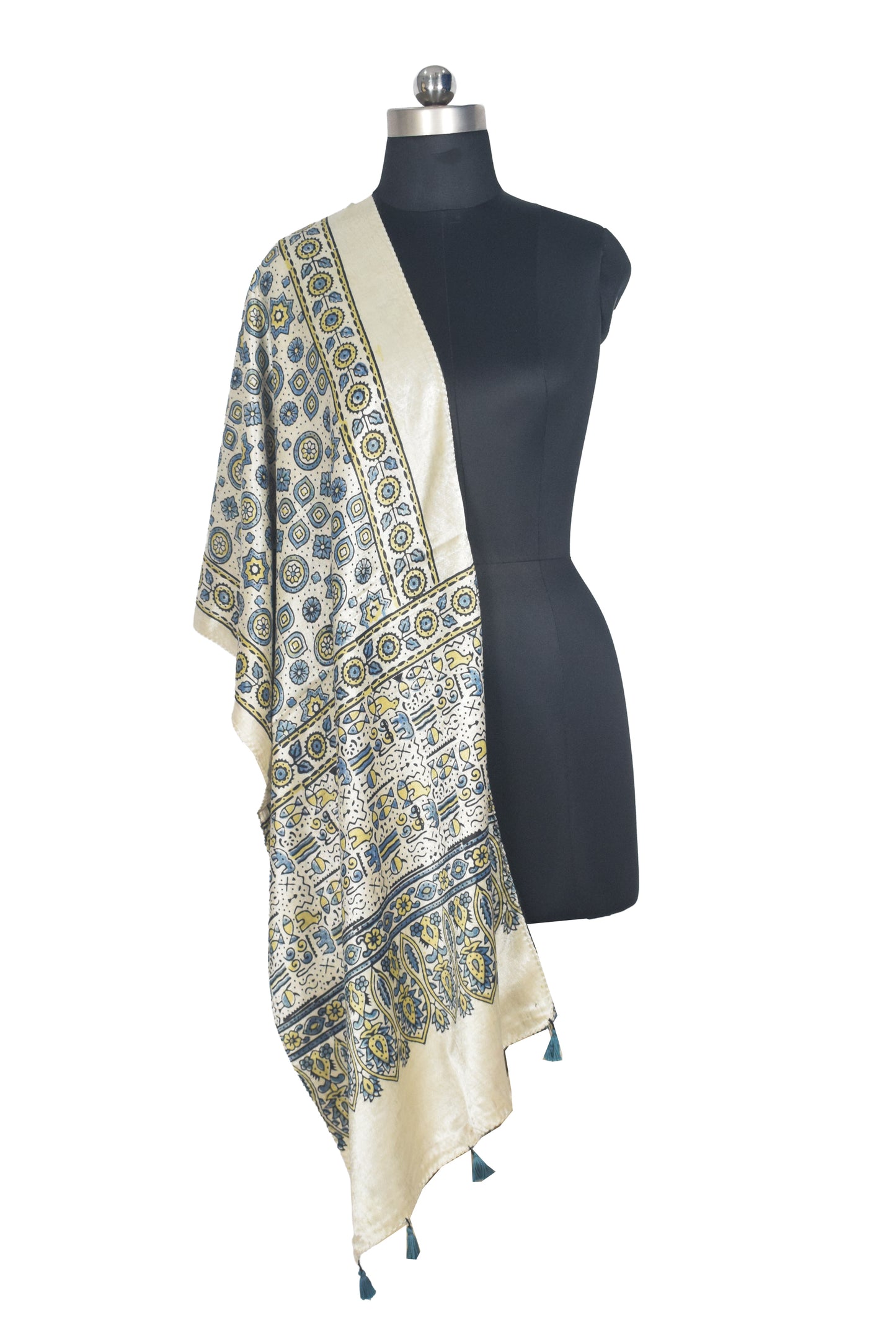 Ajrakh Mashru Silk Natural Dye Hand Block Print Stole With Tassels - 2 Mtr Length   -  SKU : AI07701U