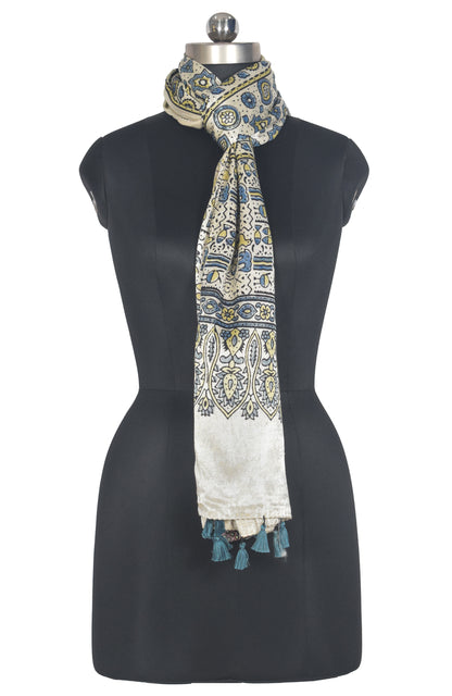 Ajrakh Mashru Silk Natural Dye Hand Block Print Stole With Tassels - 2 Mtr Length   -  SKU : AI07701U