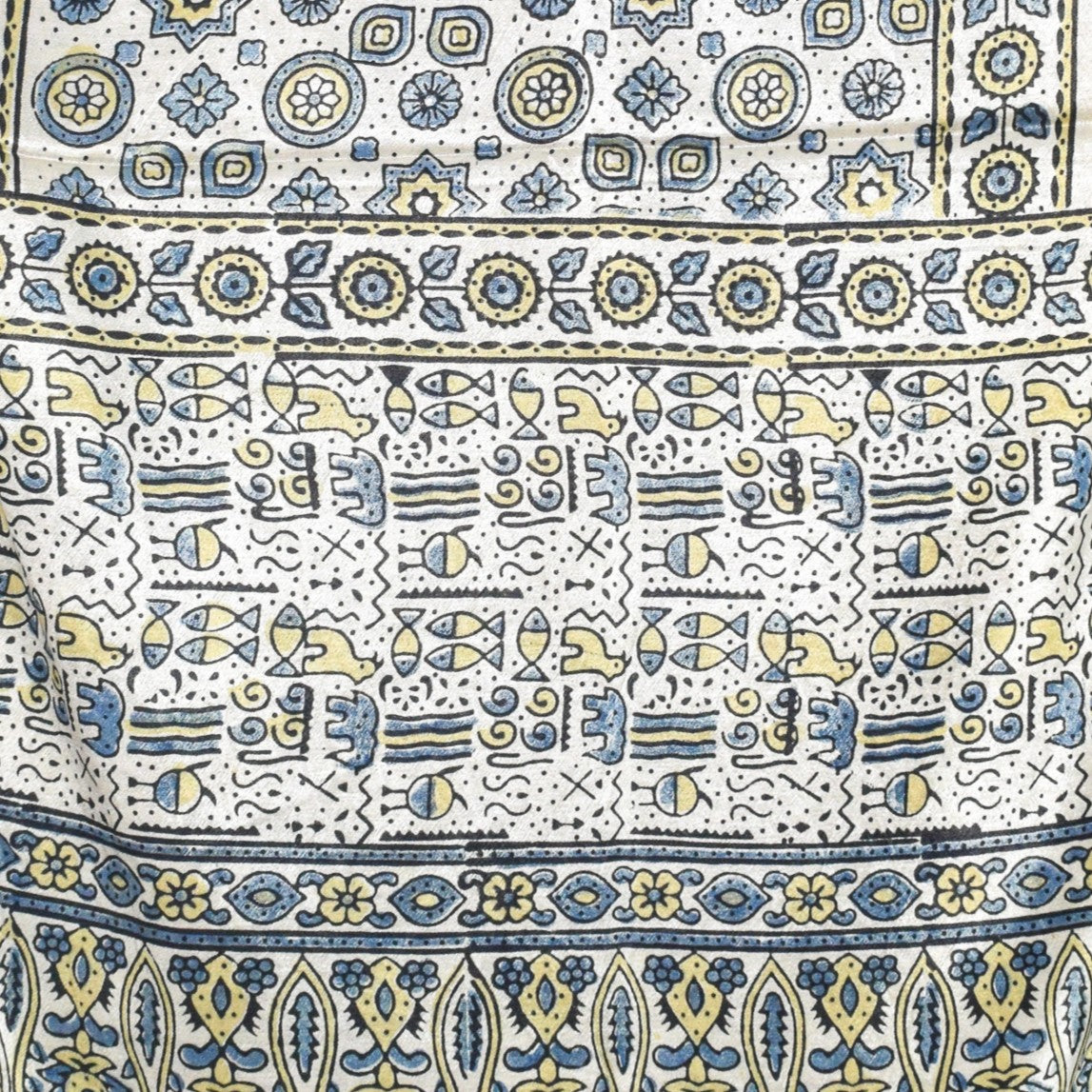 Ajrakh Mashru Silk Natural Dye Hand Block Print Stole With Tassels - 2 Mtr Length   -  SKU : AI07701U