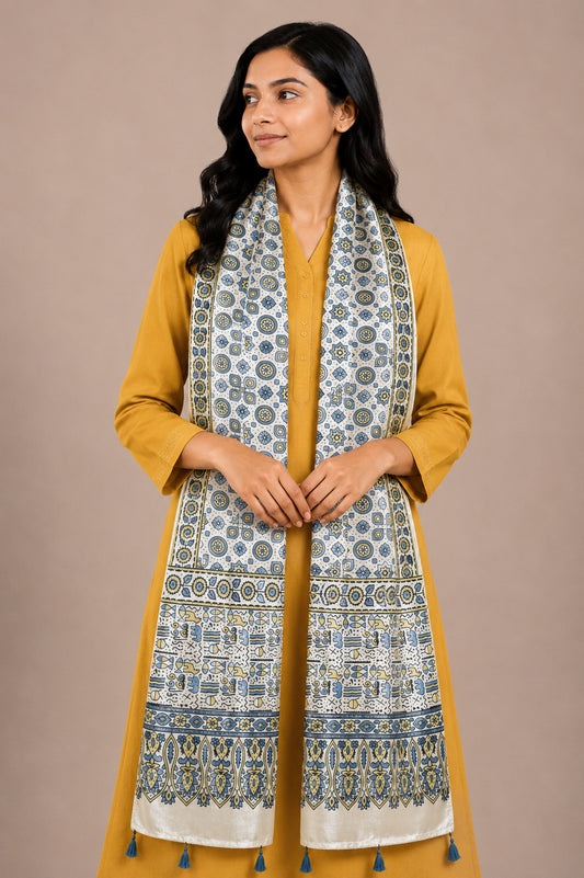 Ajrakh Mashru Silk Natural Dye Hand Block Print Stole With Tassels - 2 Mtr Length   -  SKU : AI07701U