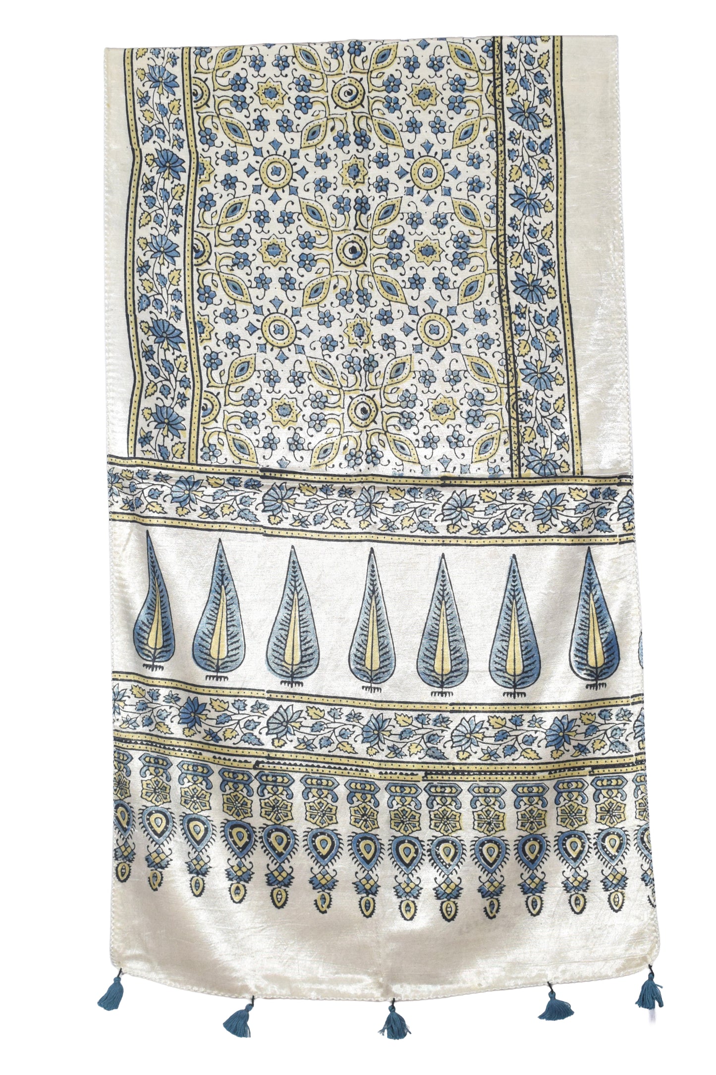 Ajrakh Mashru Silk Natural Dye Hand Block Print Stole With Tassels - 2 Mtr Length   -  SKU : AI0770AA