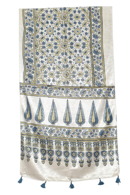Ajrakh Mashru Silk Natural Dye Hand Block Print Stole With Tassels - 2 Mtr Length   -  SKU : AI0770AA
