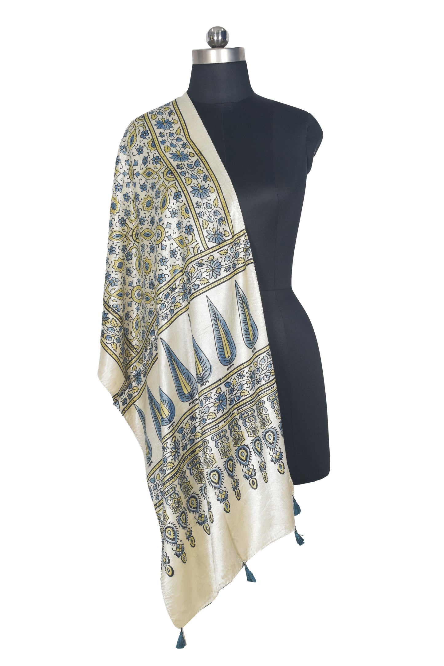Ajrakh Mashru Silk Natural Dye Hand Block Print Stole With Tassels - 2 Mtr Length   -  SKU : AI0770AA