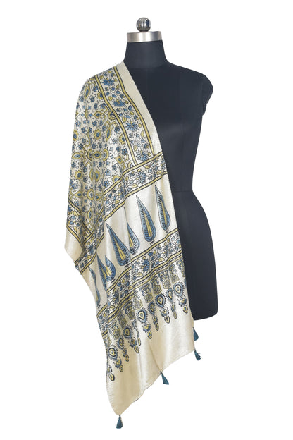 Ajrakh Mashru Silk Natural Dye Hand Block Print Stole With Tassels - 2 Mtr Length   -  SKU : AI0770AA