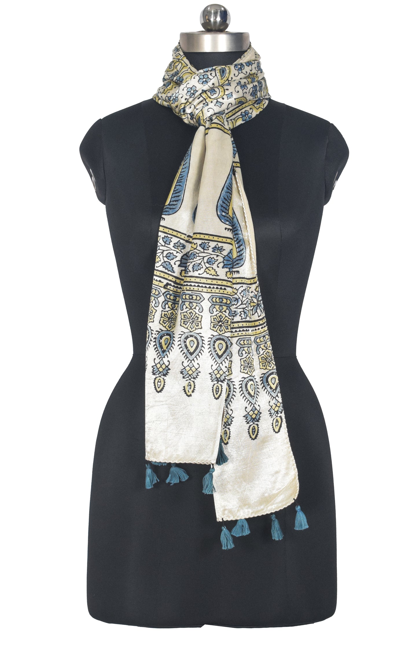 Ajrakh Mashru Silk Natural Dye Hand Block Print Stole With Tassels - 2 Mtr Length   -  SKU : AI0770AA