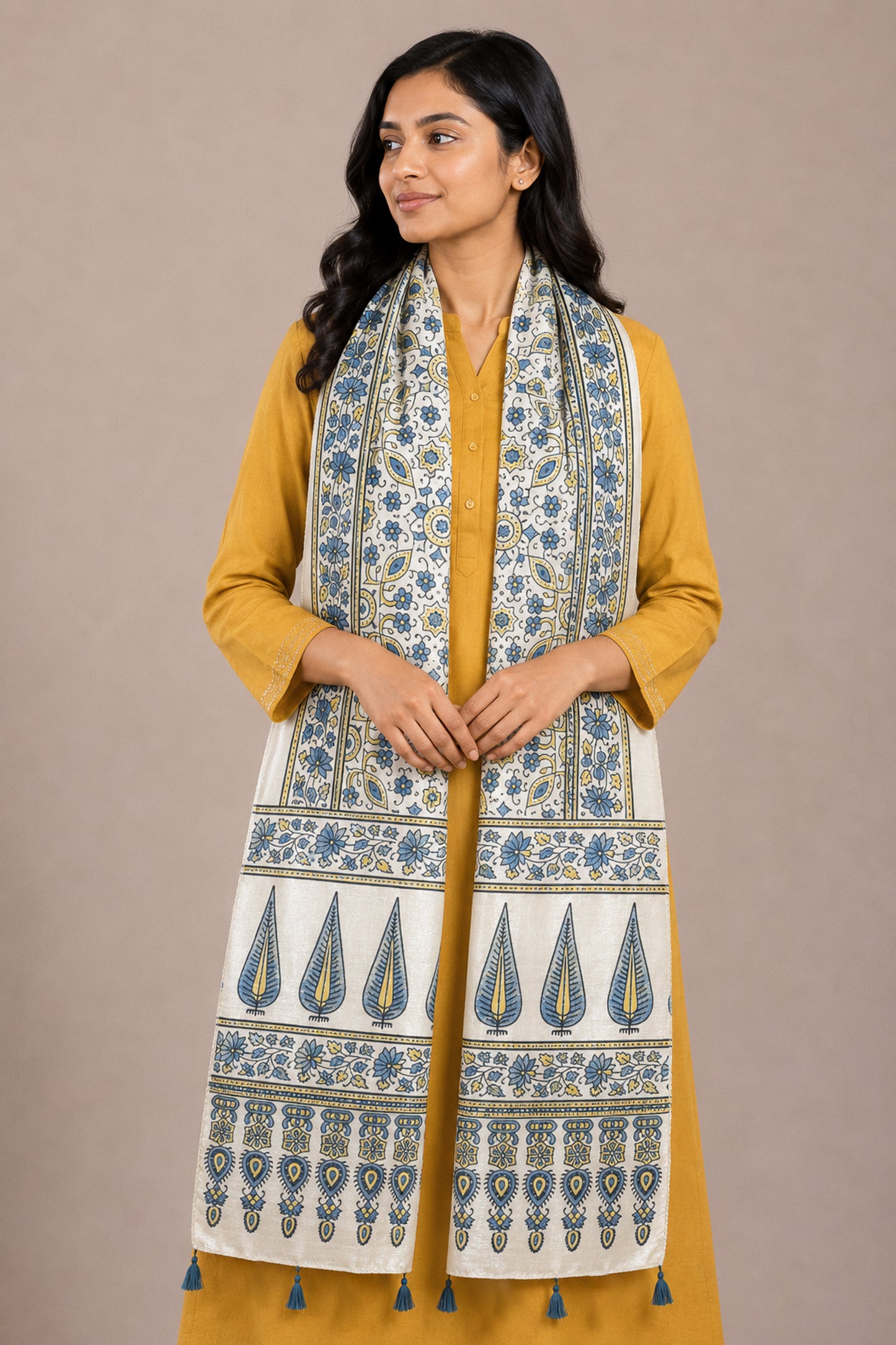 Ajrakh Mashru Silk Natural Dye Hand Block Print Stole With Tassels - 2 Mtr Length   -  SKU : AI0770AA