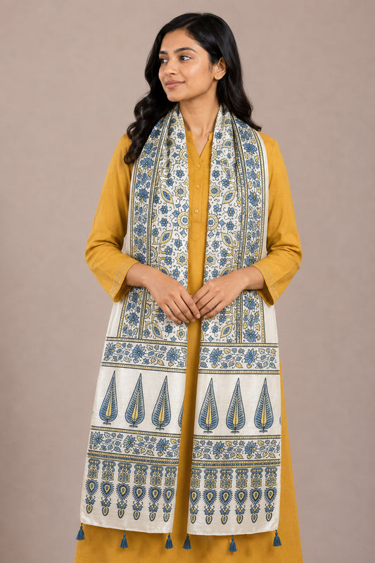 Ajrakh Mashru Silk Natural Dye Hand Block Print Stole With Tassels - 2 Mtr Length   -  SKU : AI0770AA