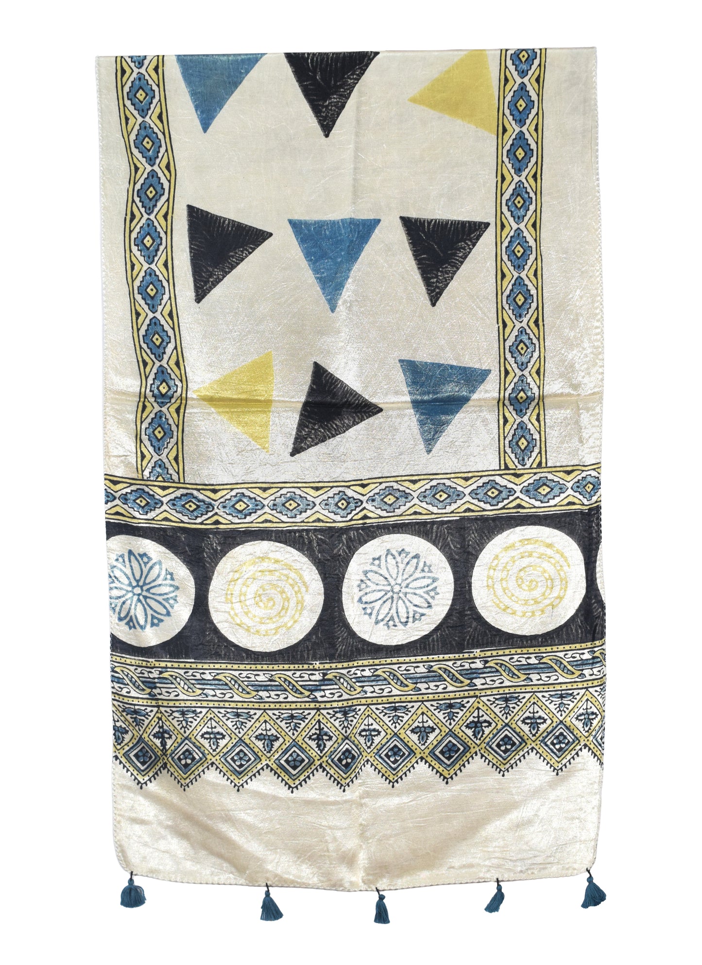 Ajrakh Mashru Silk Natural Dye Hand Block Print Stole With Tassels - 2 Mtr Length   -  SKU : AI0770AG