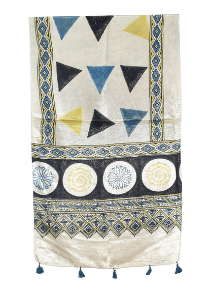 Ajrakh Mashru Silk Natural Dye Hand Block Print Stole With Tassels - 2 Mtr Length   -  SKU : AI0770AG