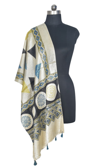 Ajrakh Mashru Silk Natural Dye Hand Block Print Stole With Tassels - 2 Mtr Length   -  SKU : AI0770AG