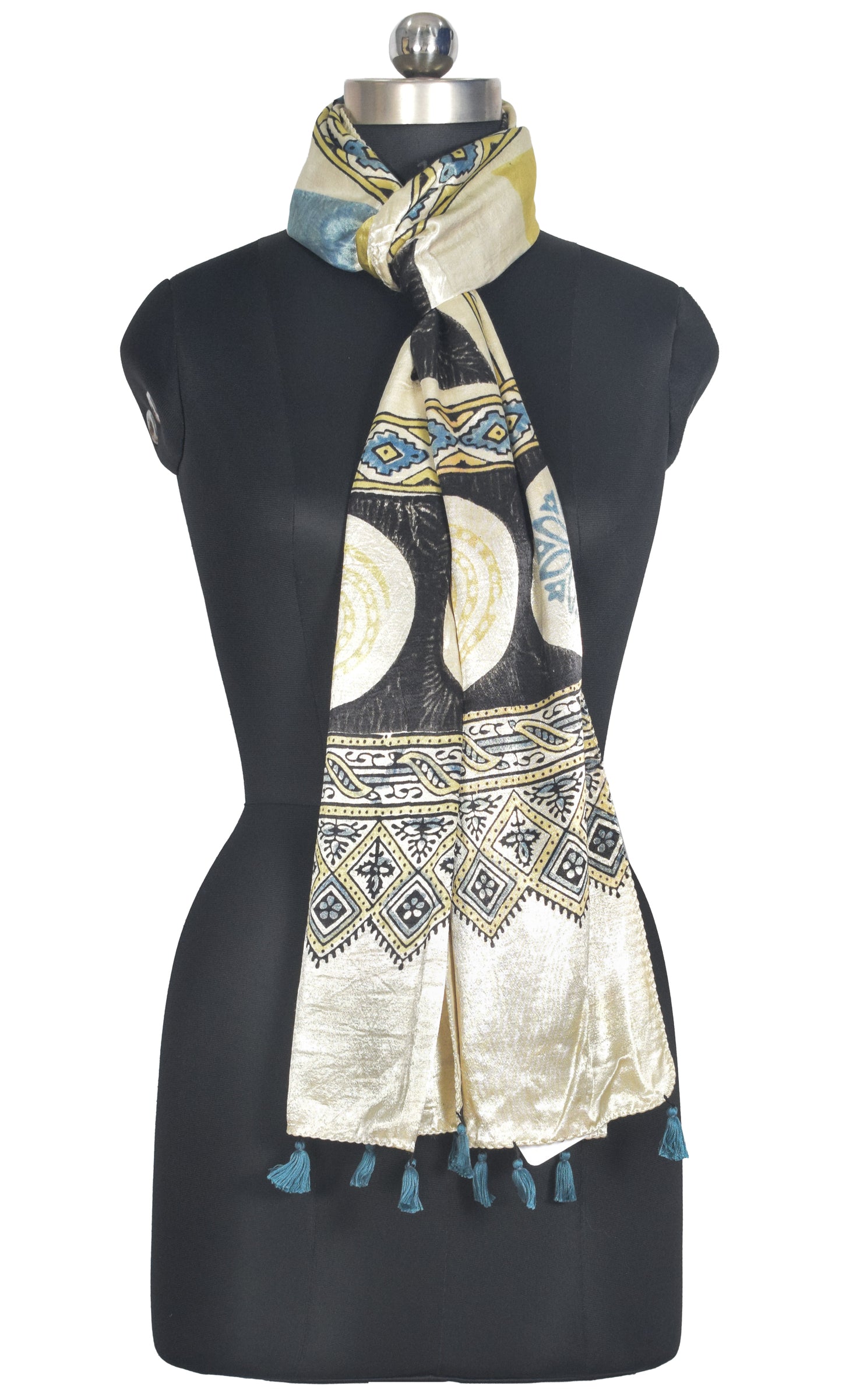 Ajrakh Mashru Silk Natural Dye Hand Block Print Stole With Tassels - 2 Mtr Length   -  SKU : AI0770AG