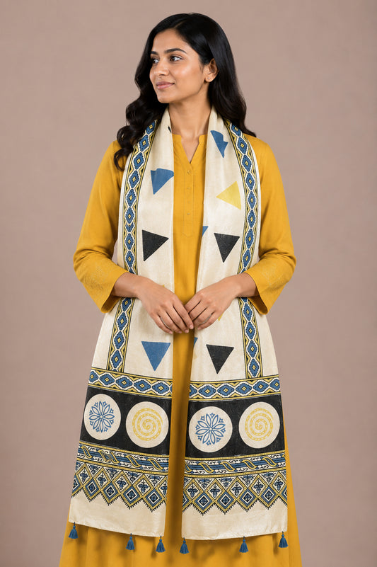 Ajrakh Mashru Silk Natural Dye Hand Block Print Stole With Tassels - 2 Mtr Length   -  SKU : AI0770AG