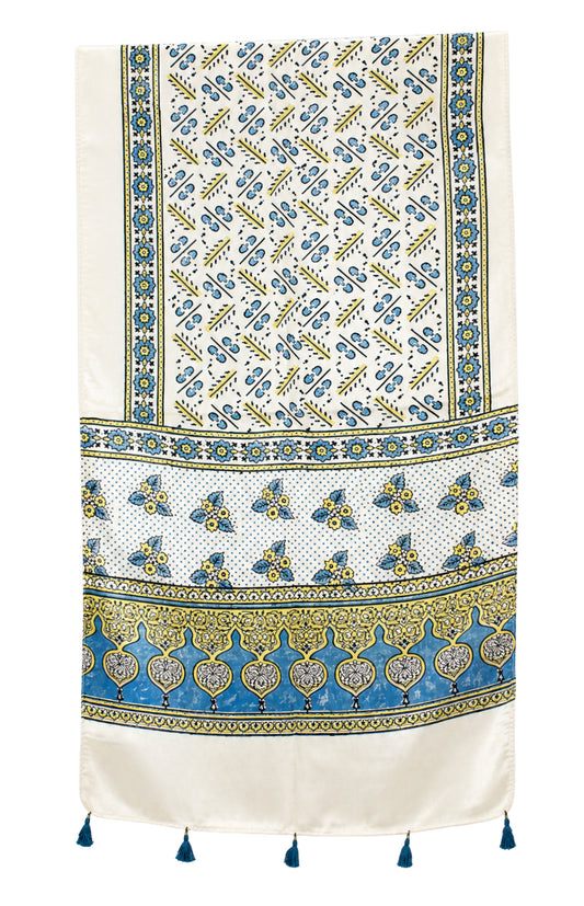 Ajrakh Mashru Silk Natural Dye Hand Block Print Stole With Tassels - 2 Mtr Length   -  SKU : AI0770AM