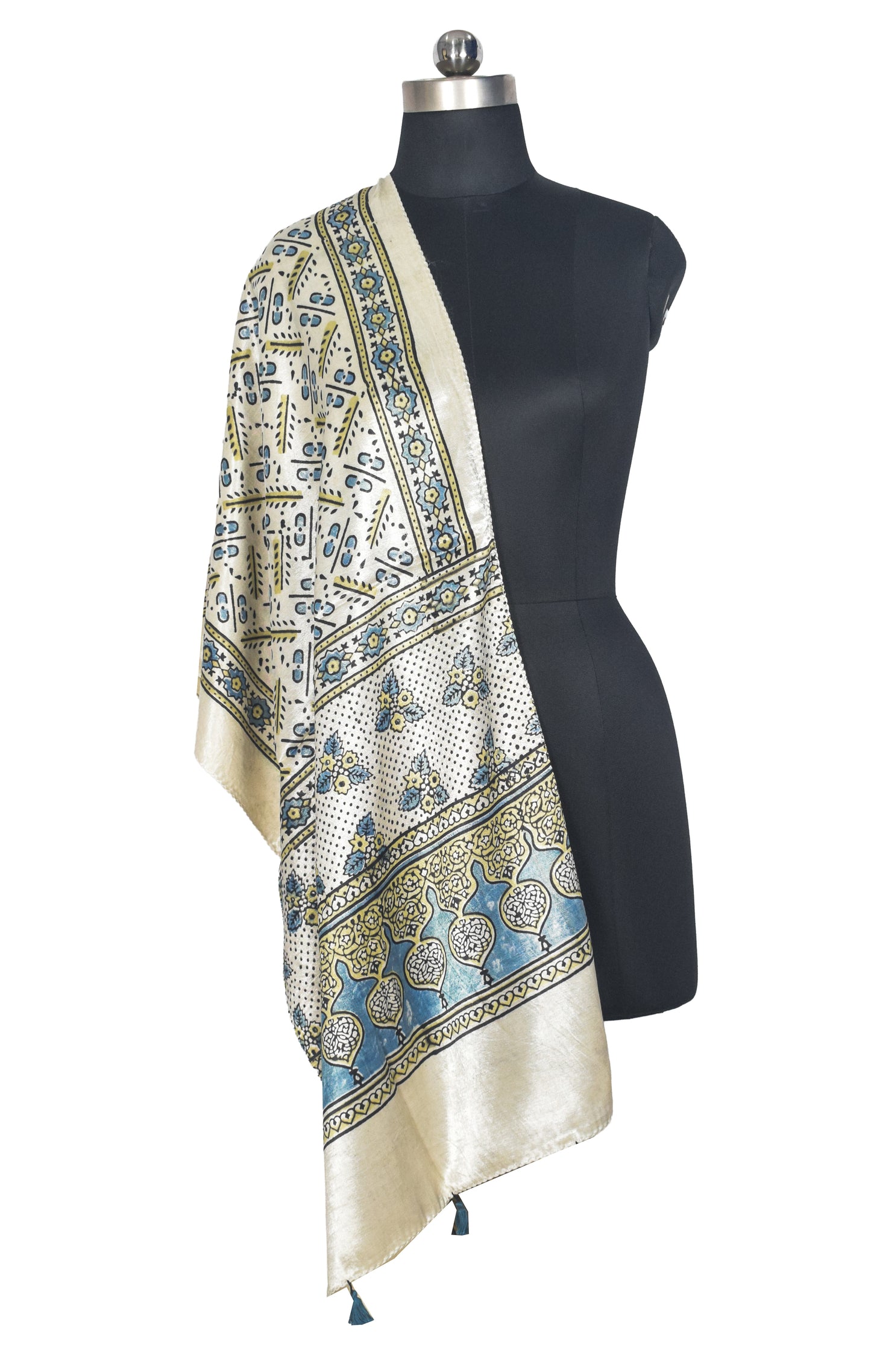 Ajrakh Mashru Silk Natural Dye Hand Block Print Stole With Tassels - 2 Mtr Length   -  SKU : AI0770AM
