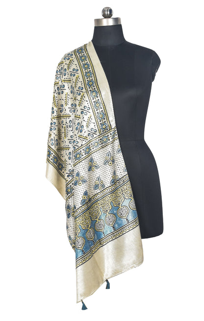 Ajrakh Mashru Silk Natural Dye Hand Block Print Stole With Tassels - 2 Mtr Length   -  SKU : AI0770AM